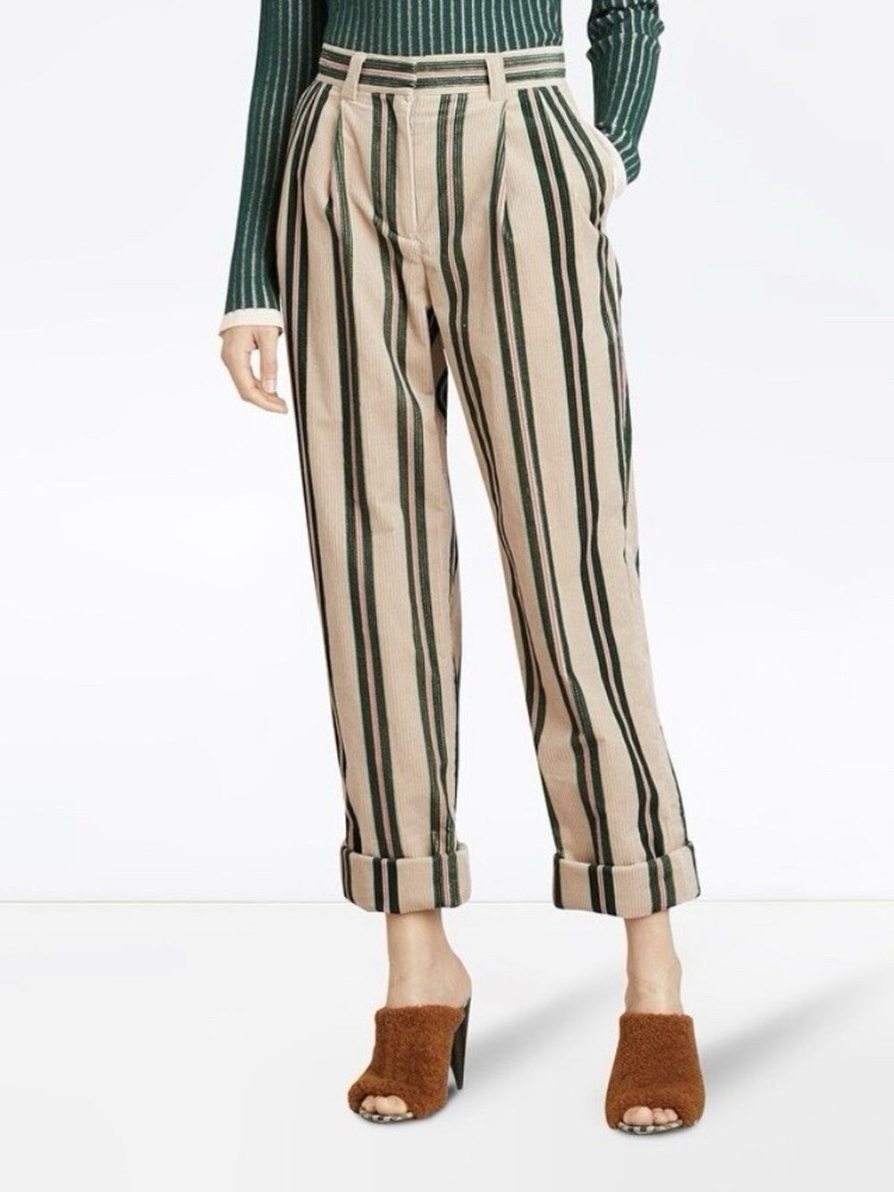 BURBERRY Roll Up Cuff Striped Corduroy Trousers London Designer Pants Size 14 US